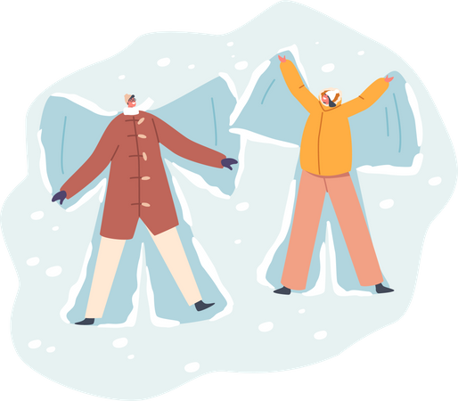 Hombre joven y mujer tumbados en el suelo cubierto de nieve  Ilustración