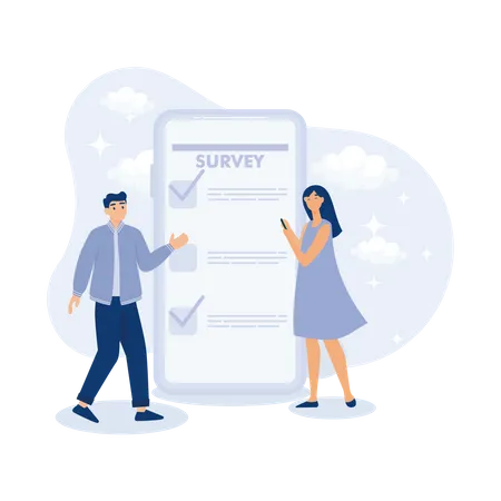 Hombre y mujer jóvenes que usan un teléfono inteligente para completar la lista de verificación de la encuesta en línea  Ilustración