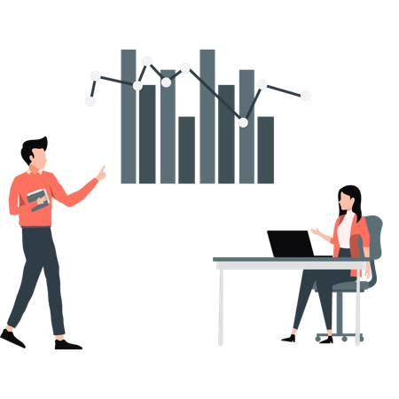 Hombre joven y mujer mostrando un gráfico de negocios  Ilustración