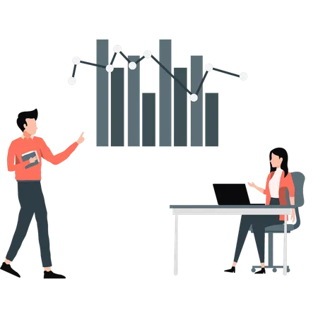 Hombre joven y mujer mostrando un gráfico de negocios  Ilustración