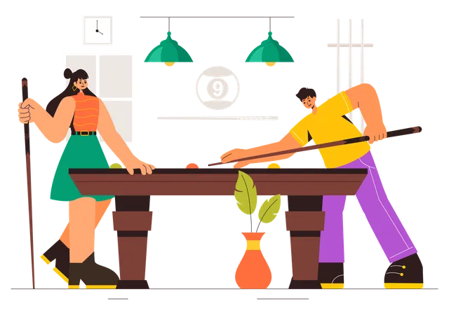 Hombre y mujer jugando al billar  Ilustración