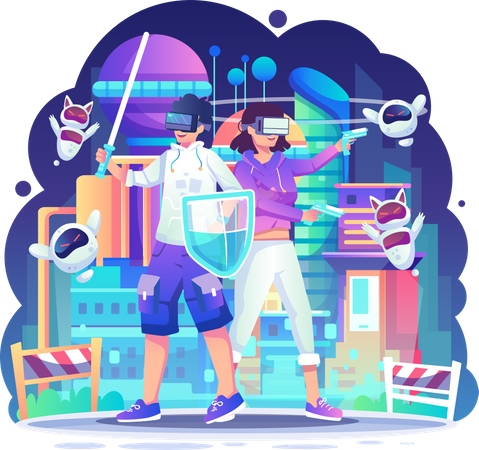 Hombre y mujer jugando al juego VR  Ilustración