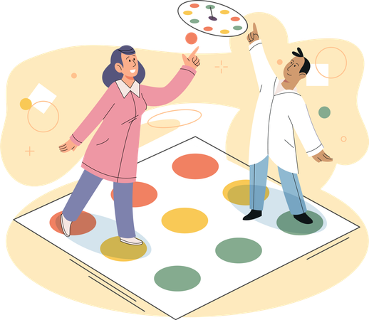 Hombre y mujer jugando al Twister en el suelo  Ilustración