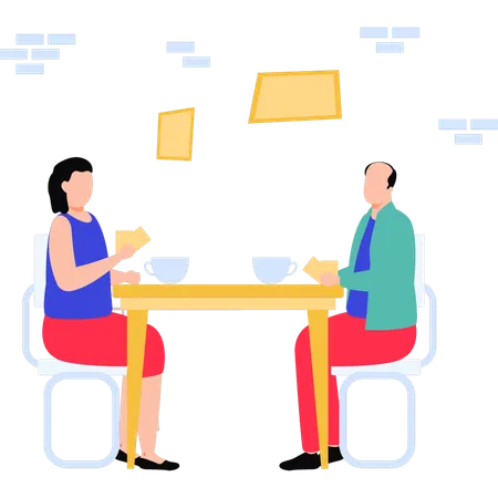 Hombre y mujer jugando a las cartas.  Ilustración