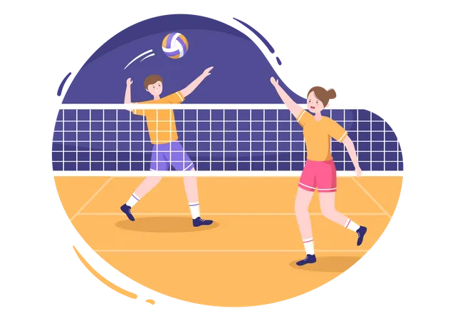 Hombre y mujer jugando voleibol  Ilustración