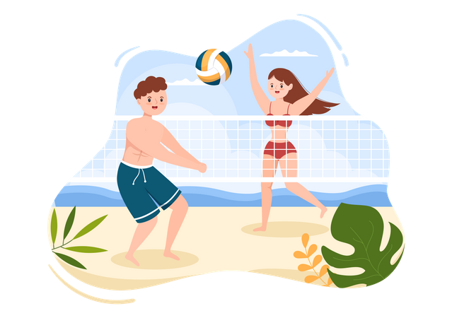 Hombre y mujer jugando voleibol de playa  Ilustración
