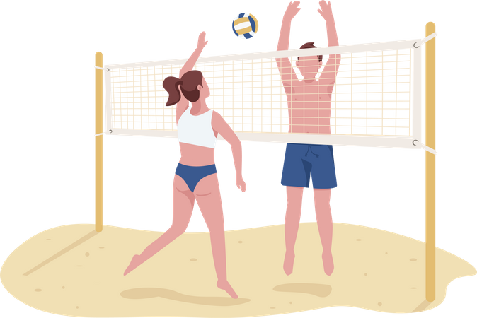 Hombre y mujer jugando voleibol de playa  Ilustración