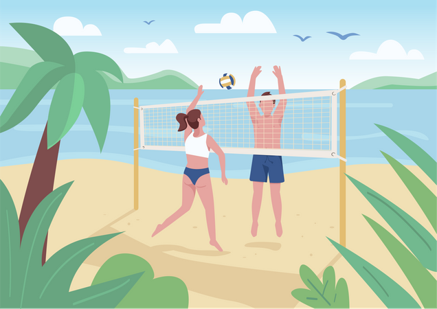 Hombre y mujer jugando voleibol de playa  Ilustración