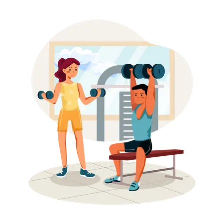 Hombre y mujer levantando pesas en el gimnasio.  Ilustración
