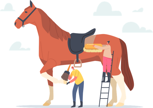 Hombre de cuadra y mujer limpiando caballo  Ilustración