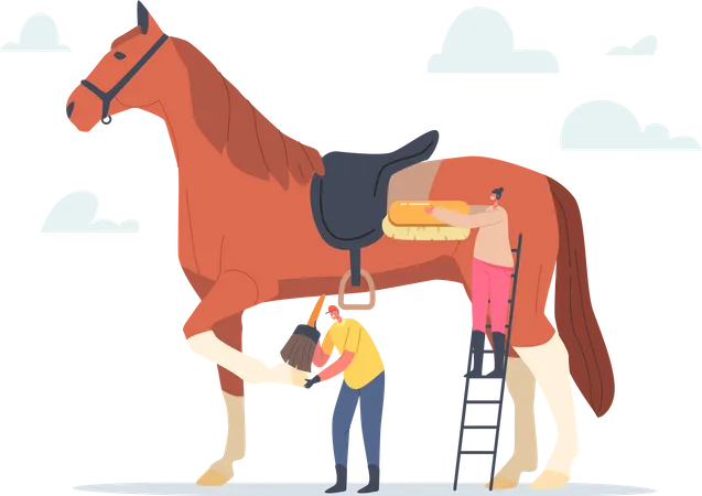 Hombre de cuadra y mujer limpiando caballo  Ilustración