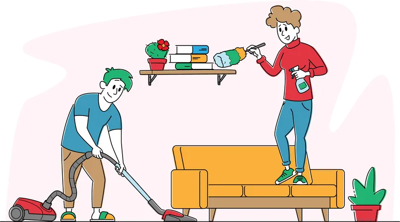 Hombre y mujer limpiando casa juntos en la habitación  Ilustración