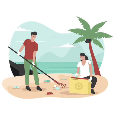 Hombre y mujer limpiando la playa de basura  Ilustración