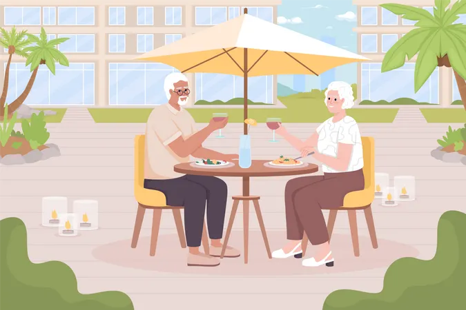 Un hombre y una mujer mayores cenan en la cafetería del resort  Ilustración