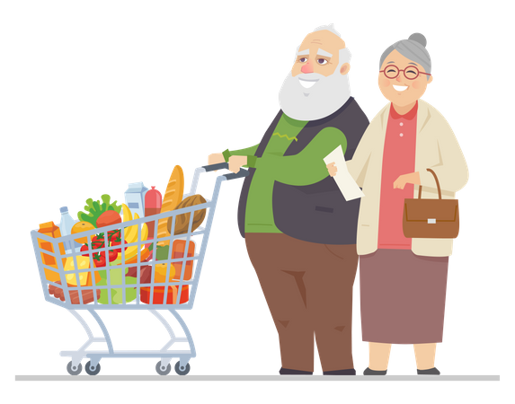 Hombre mayor y mujer de compras  Ilustración