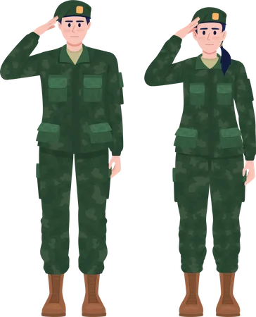 Hombre y mujer militar en uniformes  Ilustración