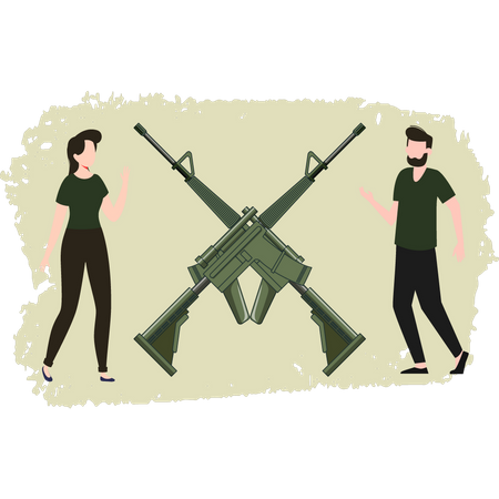 Hombre y mujer mirando armas  Ilustración