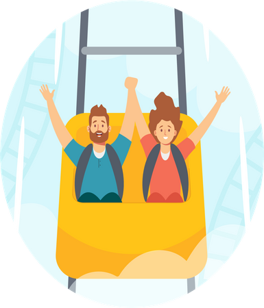 Hombre y mujer montando montaña rusa en el parque de atracciones  Ilustración