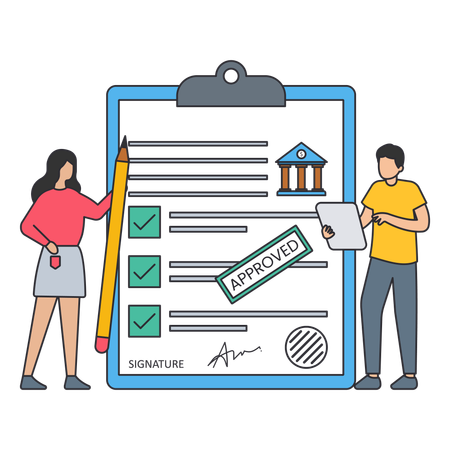 Hombre y mujer mostrando el contrato de préstamo  Ilustración