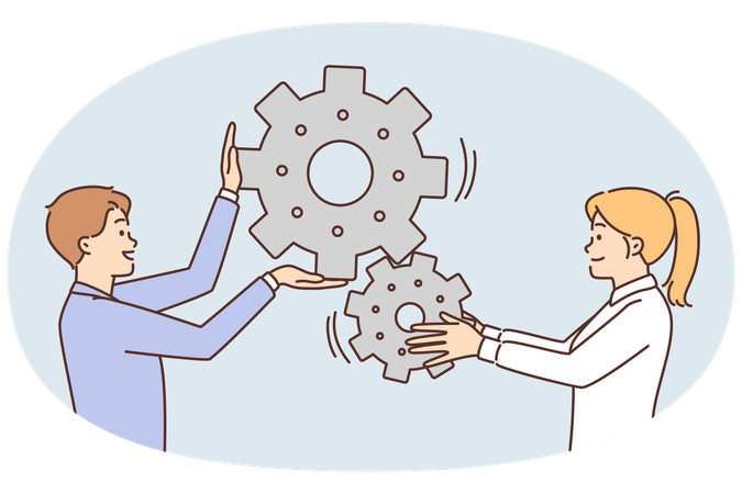 Un hombre y una mujer mueven engranajes juntos, simbolizando el proceso empresarial industrial.  Ilustración