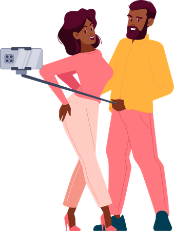 Hombre y mujer están muy juntos sosteniendo un teléfono inteligente frente a sus caras  Ilustración