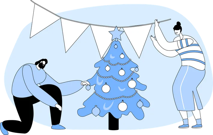 Pareja de hombre y mujer decoran el árbol de Navidad  Ilustración