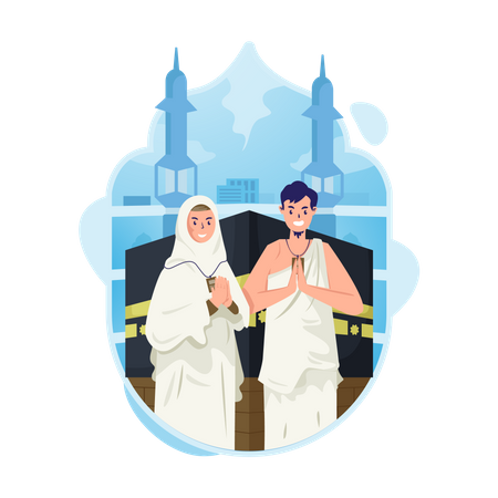 Un hombre y una mujer peregrinos del Hajj visten ropas ihram con una Kaaba  Ilustración