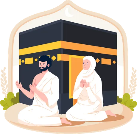 Un hombre y una mujer peregrinos del Hajj visten ropas ihram con una Kaaba  Ilustración