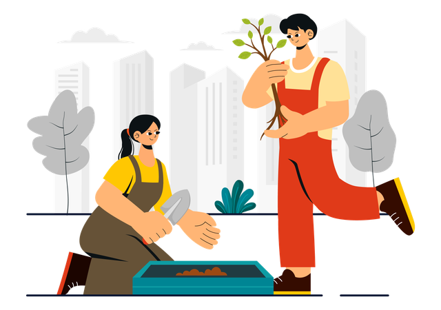 Hombre y mujer plantando un árbol  Ilustración