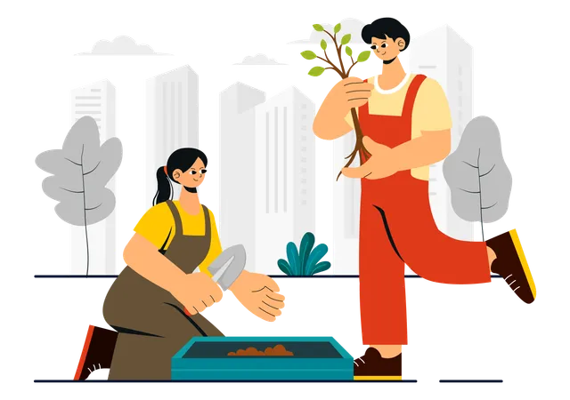 Hombre y mujer plantando un árbol  Ilustración