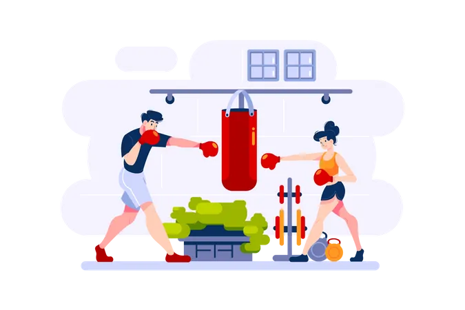 Hombre y mujer practican boxeo.  Illustration