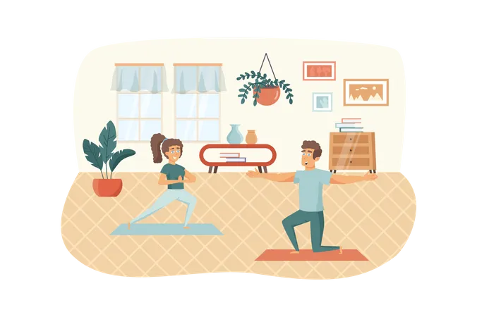 Hombre y mujer practicando yoga en la habitación  Ilustración