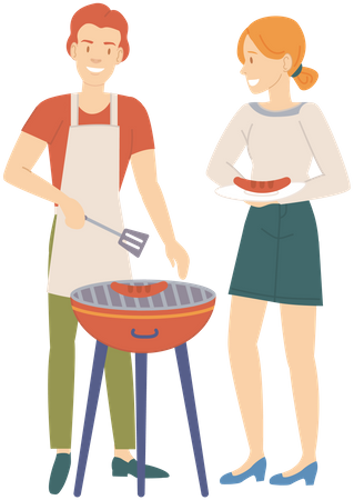 Hombre y mujer preparando bistec para picnic  Ilustración