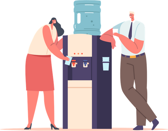 Hombre y mujer sacian la sed cerca del refrigerador de la oficina  Ilustración