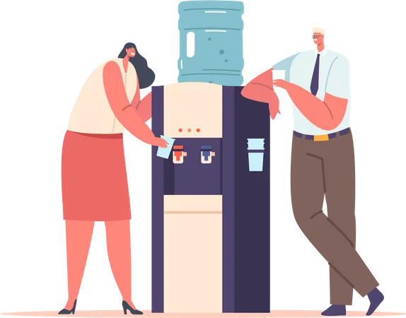 Hombre y mujer sacian la sed cerca del refrigerador de la oficina  Ilustración
