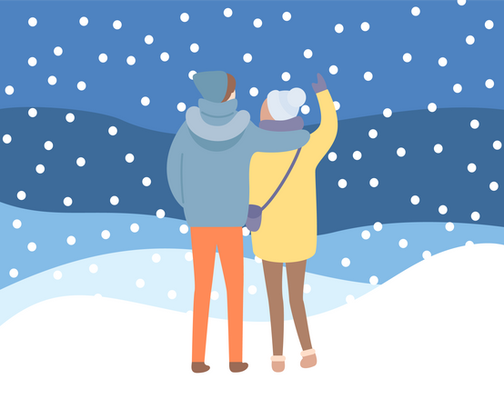 Hombre y mujer se divierten en la noche de invierno  Ilustración