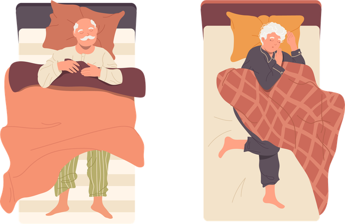 Un hombre y una mujer mayores relajados durmiendo en la cama  Ilustración