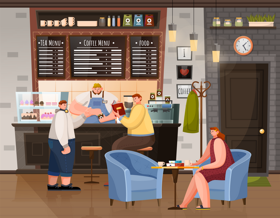 Hombre y mujer sentados con café en la cafetería.  Ilustración
