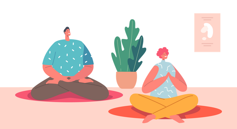 Hombre y mujer sentados en clase de yoga  Ilustración