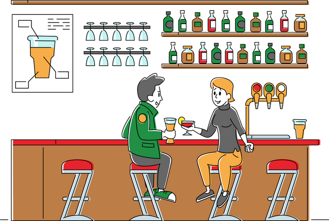 Hombres y mujeres sentados en sillas bebiendo cócteles y bebidas alcohólicas en el bar  Ilustración