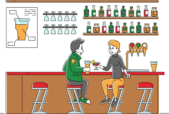 Hombres y mujeres sentados en sillas bebiendo cócteles y bebidas alcohólicas en el bar  Ilustración