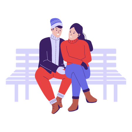 Hombre y mujer sentados en un banco de madera en temporada de invierno  Ilustración