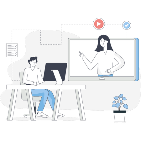 Un hombre y una mujer se sientan en un escritorio concentrados en una pantalla de computadora y participan en una discusión o tarea laboral juntos.  Ilustración