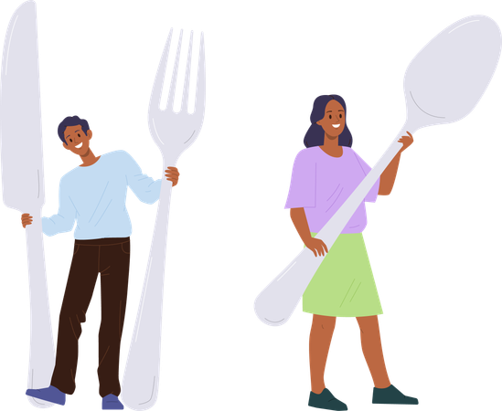 Feliz sonriente hombre y mujer sosteniendo cubiertos utensilios de cocina  Ilustración