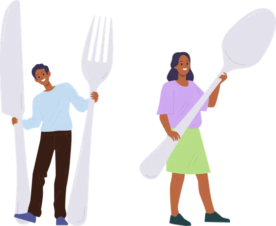 Feliz sonriente hombre y mujer sosteniendo cubiertos utensilios de cocina  Ilustración
