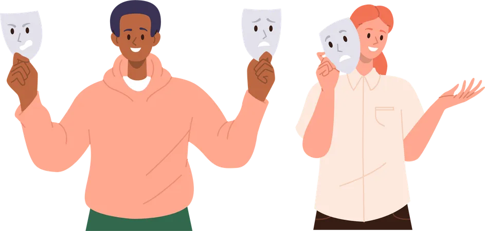 Hombre y mujer sonrientes sosteniendo máscara con emoción triste  Ilustración