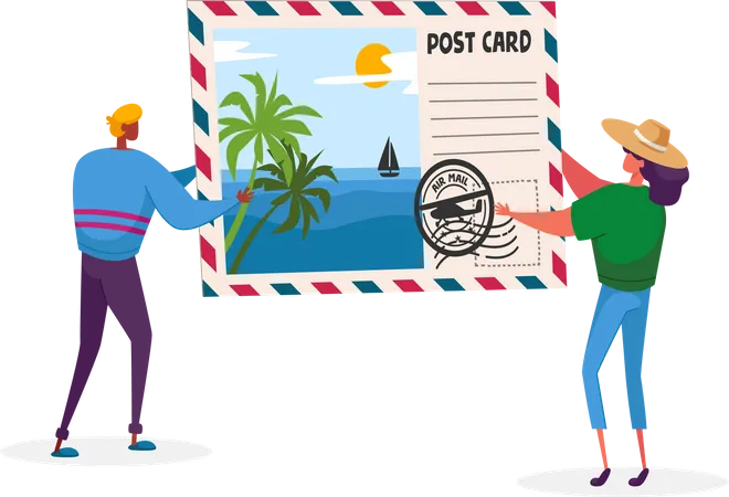 Hombre y mujer sosteniendo una postal con playa tropical y palmeras  Ilustración