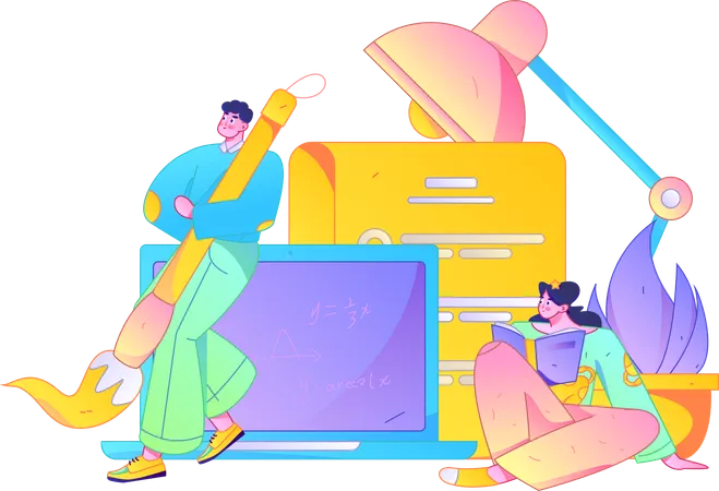 Hombre y mujer tomando clase digital  Illustration