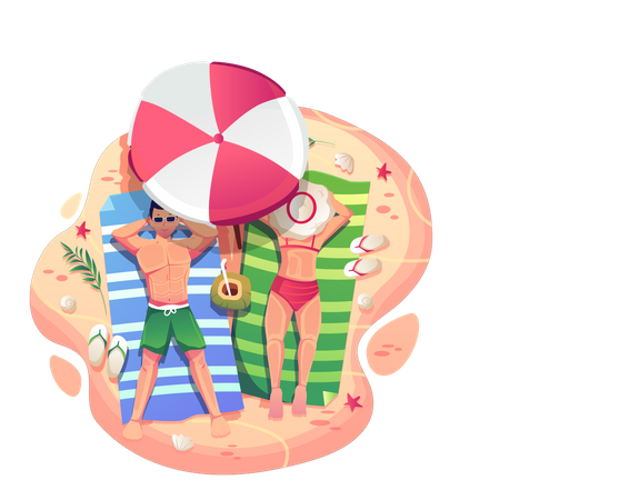 Hombre y mujer tomando el sol bajo una sombrilla en la playa  Ilustración