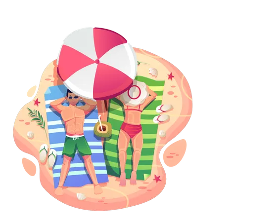 Hombre y mujer tomando el sol bajo una sombrilla en la playa  Ilustración